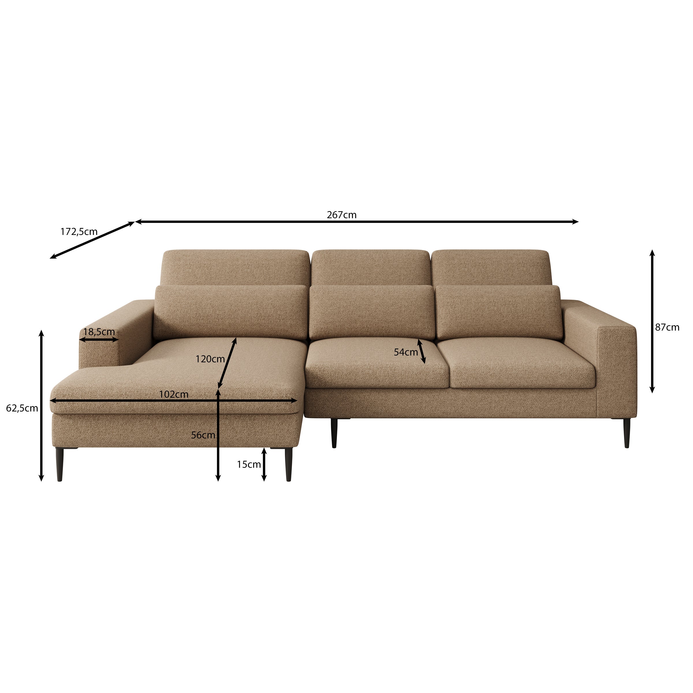 Rosano - Hoekbank 3-zits met chaise longue - Stof beige - Links