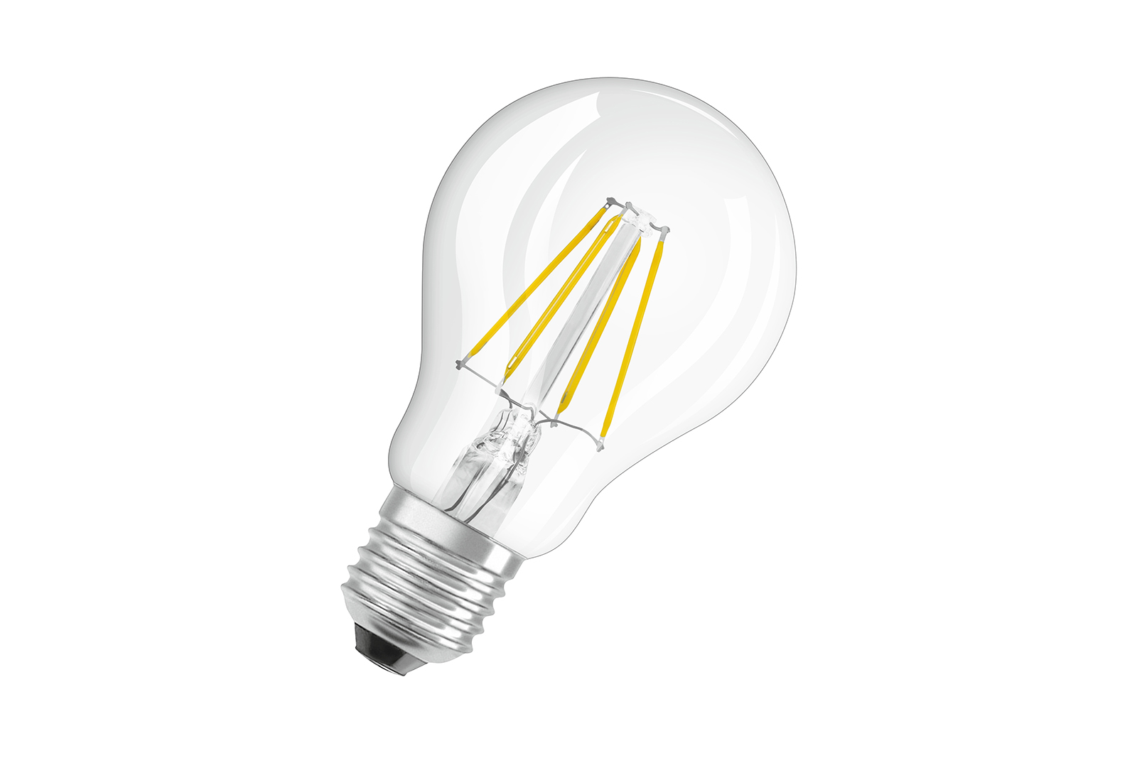 Normal LED-lyspære E27 Klart glass med E27-sokkel og varmhvitt lys. Dimbar.