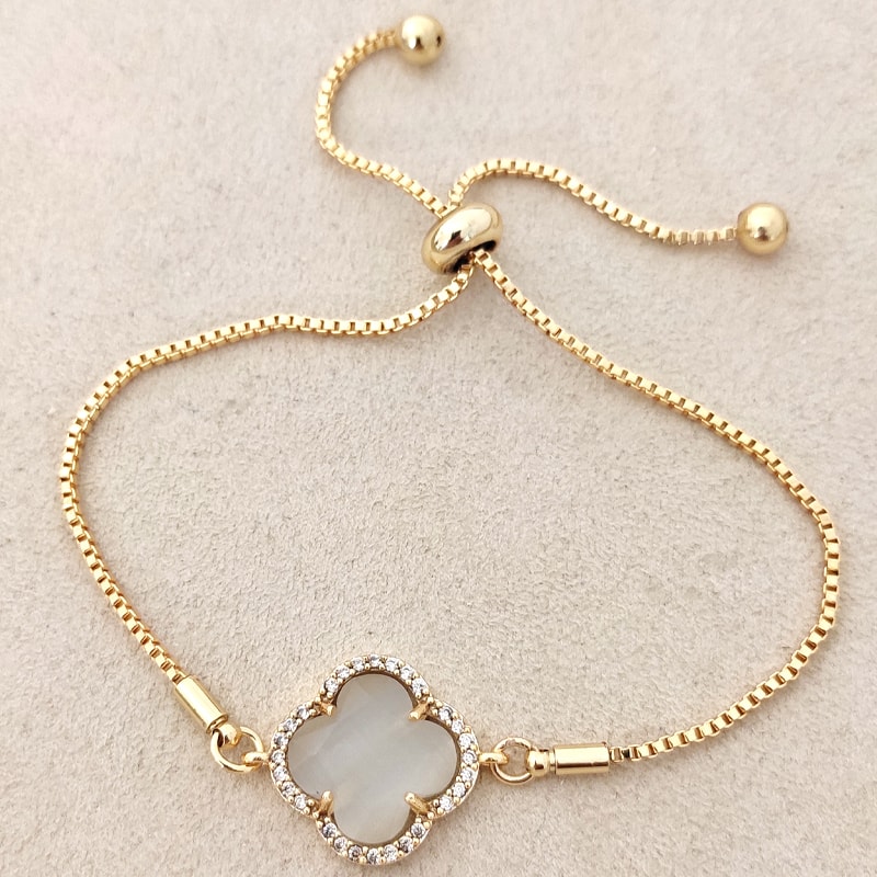 Bracelet trèfle - Laiton plaqué or, pierres d'oeil de chat  zircon - Blanc