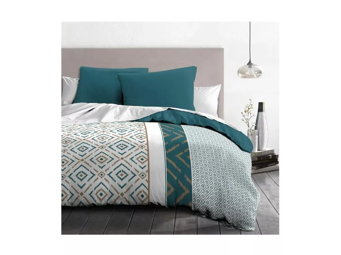 Parure de couette Microfibre ETHNO 220x240cm et 2 taies d'oreillers 63x63cm Bleu Canard