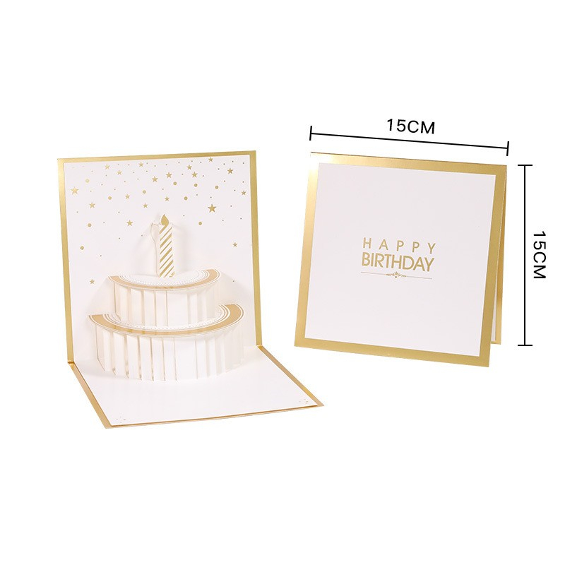 Geburtstags Glückwunschkarte Happy Birthday Kuchen Pop-Up Karte   Umschlag - Weiss / Gold