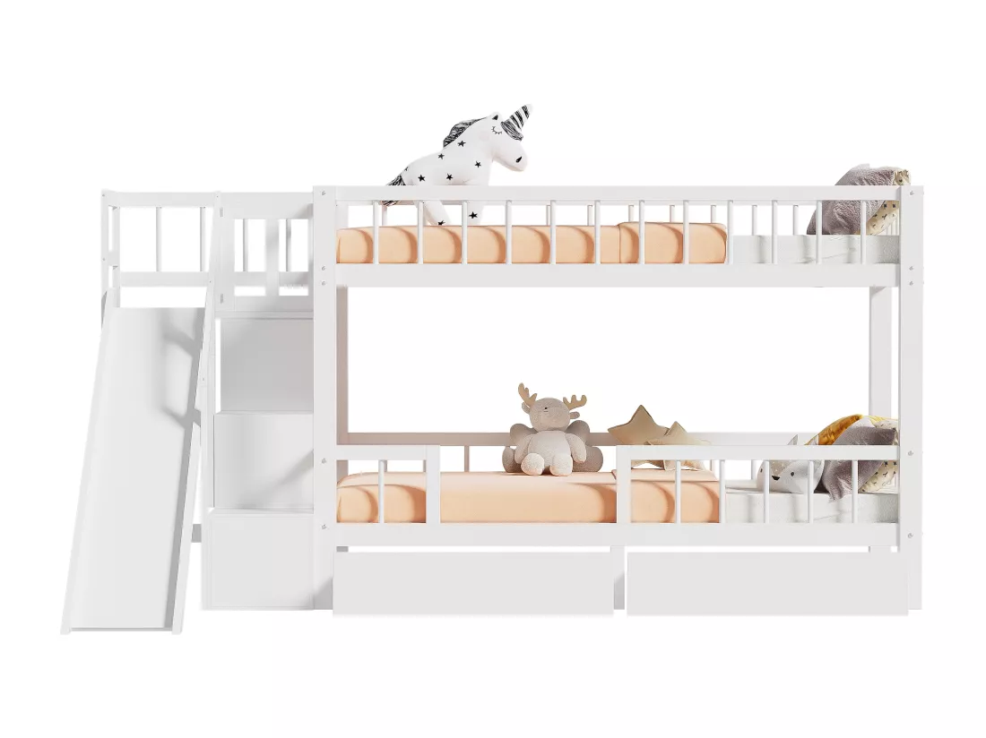 Lits superposés 2 x 90 x 200 cm avec 2 tiroirs et toboggan - bois massif - blanc