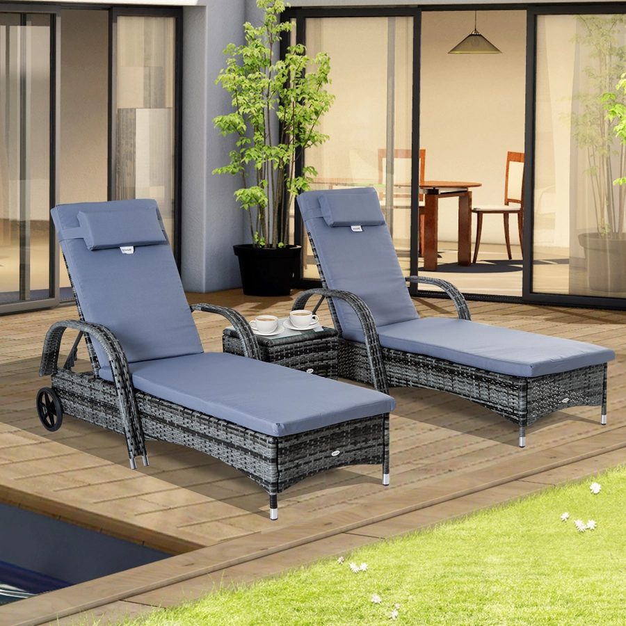 Outsunny Rattan-Gartenliege als 3-teiliges Set grau