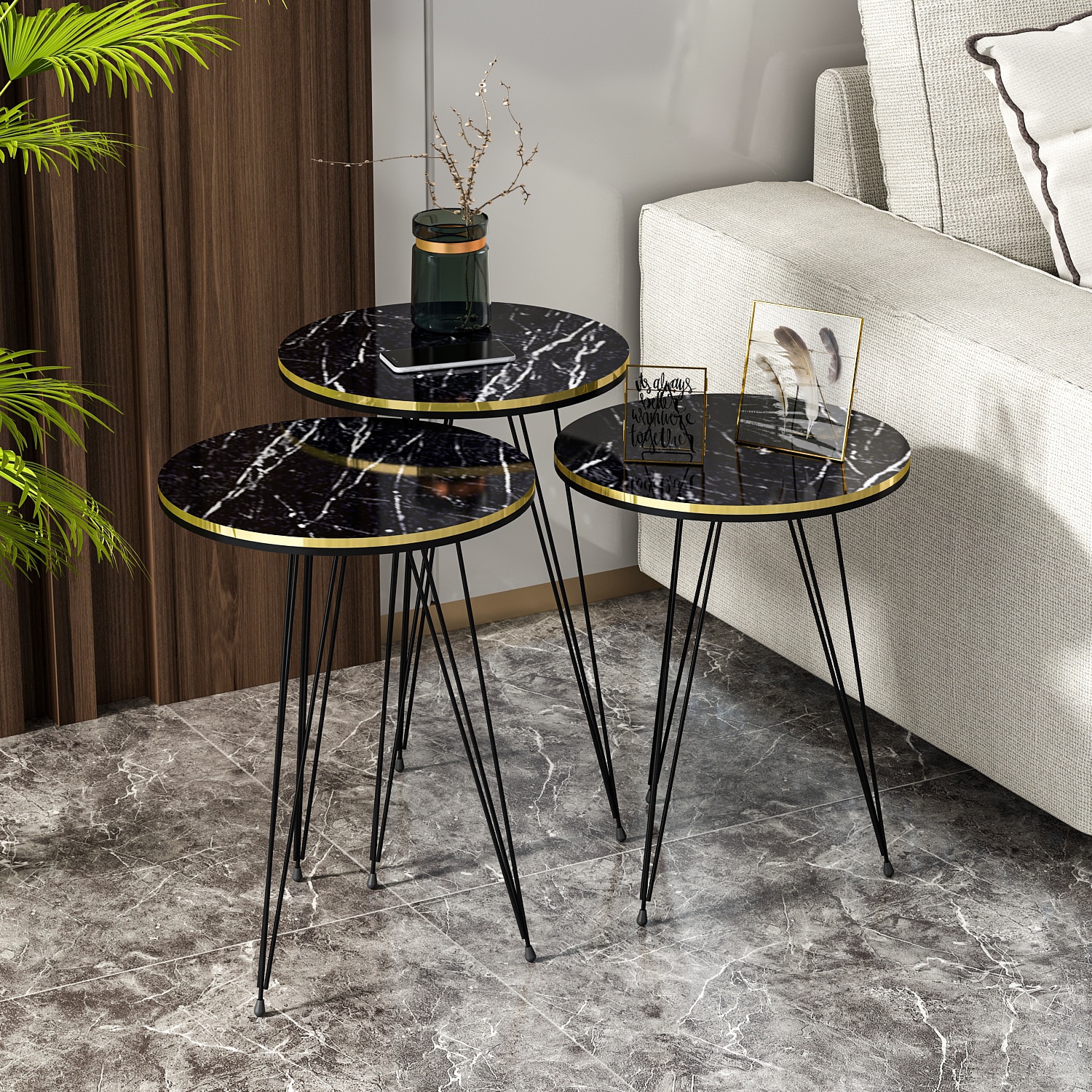 Beistelltisch 3er Set Marmoroptik Schwarz 21246122