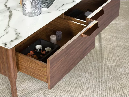 Table basse rectangulaire bois noyer et plateau en marbre céramique blanc Mykal