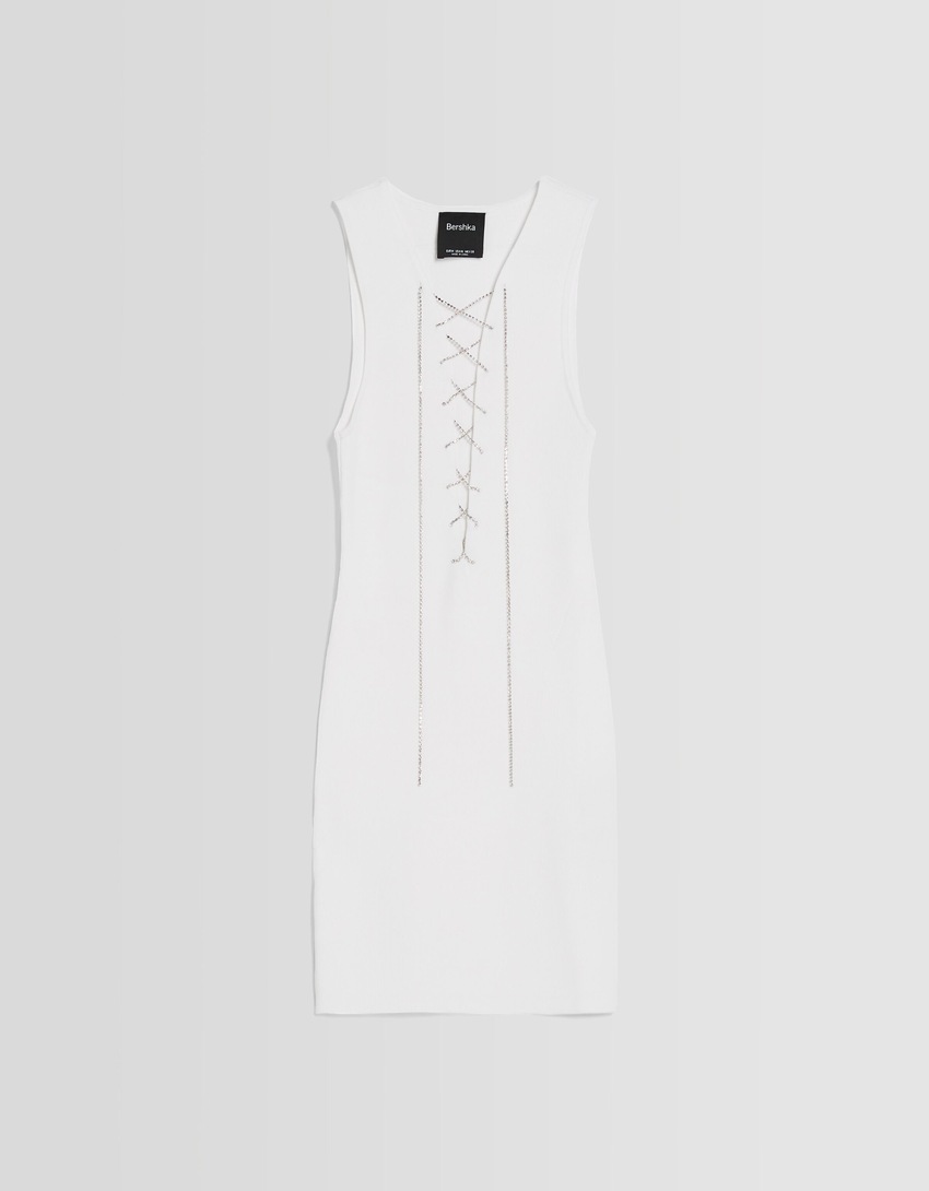 Vestido curto de malha sem mangas com strass