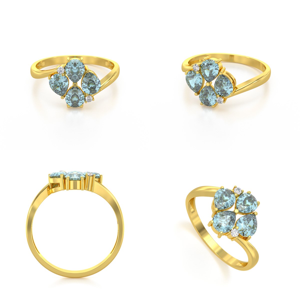 Bague ADEN Or 585 Jaune Aigue-Marine et diamants 1.87grs