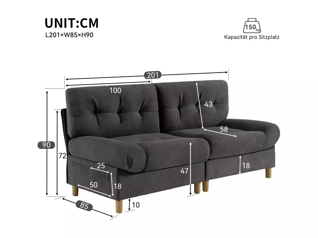URBAN MEUBLE Canapé velours teddy gris 2 places pieds bois
