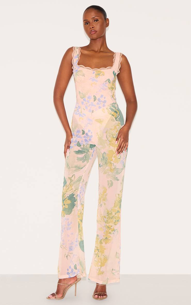 Rose Combinaison Évasée En Mousseline À Imprimé Floral Avec Détail Corset