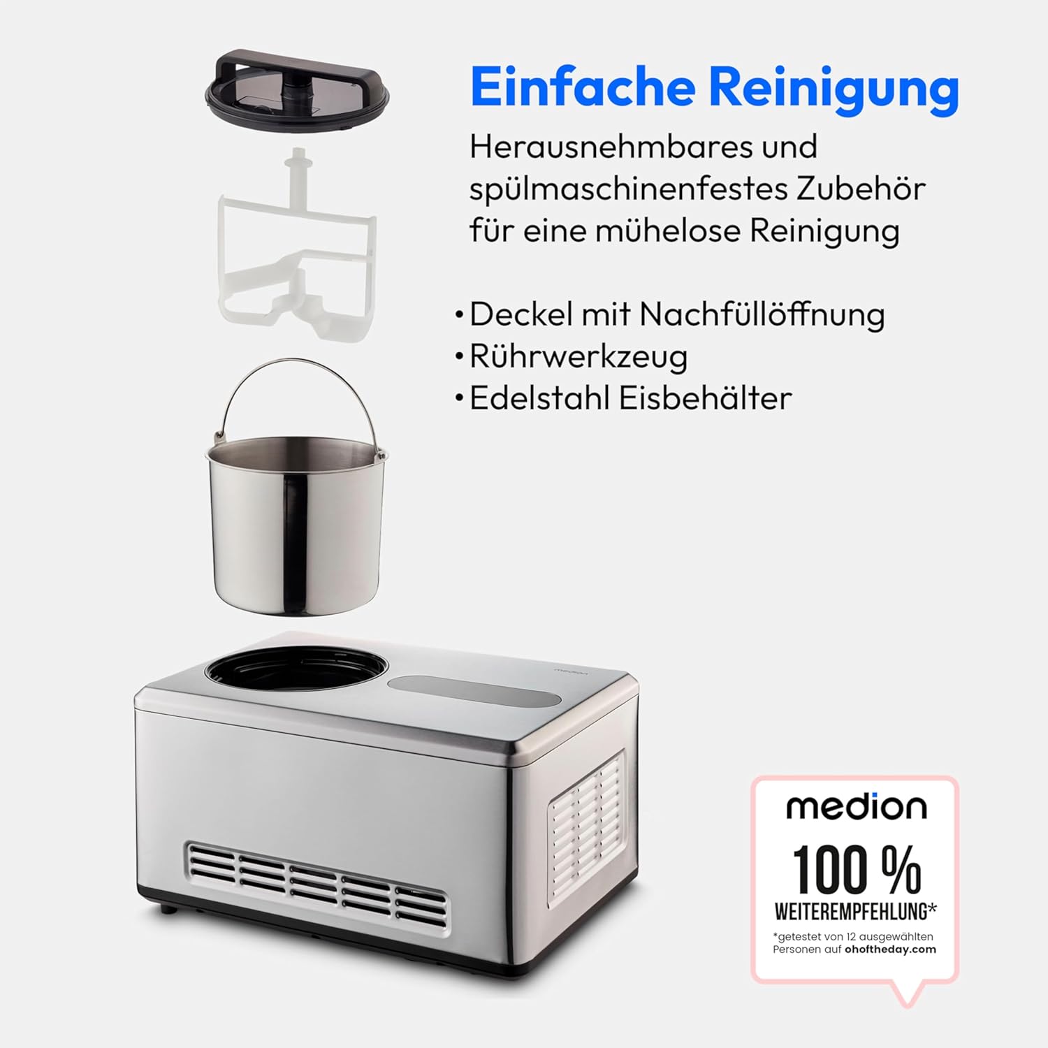 MEDION smarte Eismaschine mit Kompressor (selbstkühlend, 2 Liter, App Steuerung inkl. Eis-Rezepte, Joghurt, Eiscreme, Sorbet, LED Display, Edelstahl, MD12170)