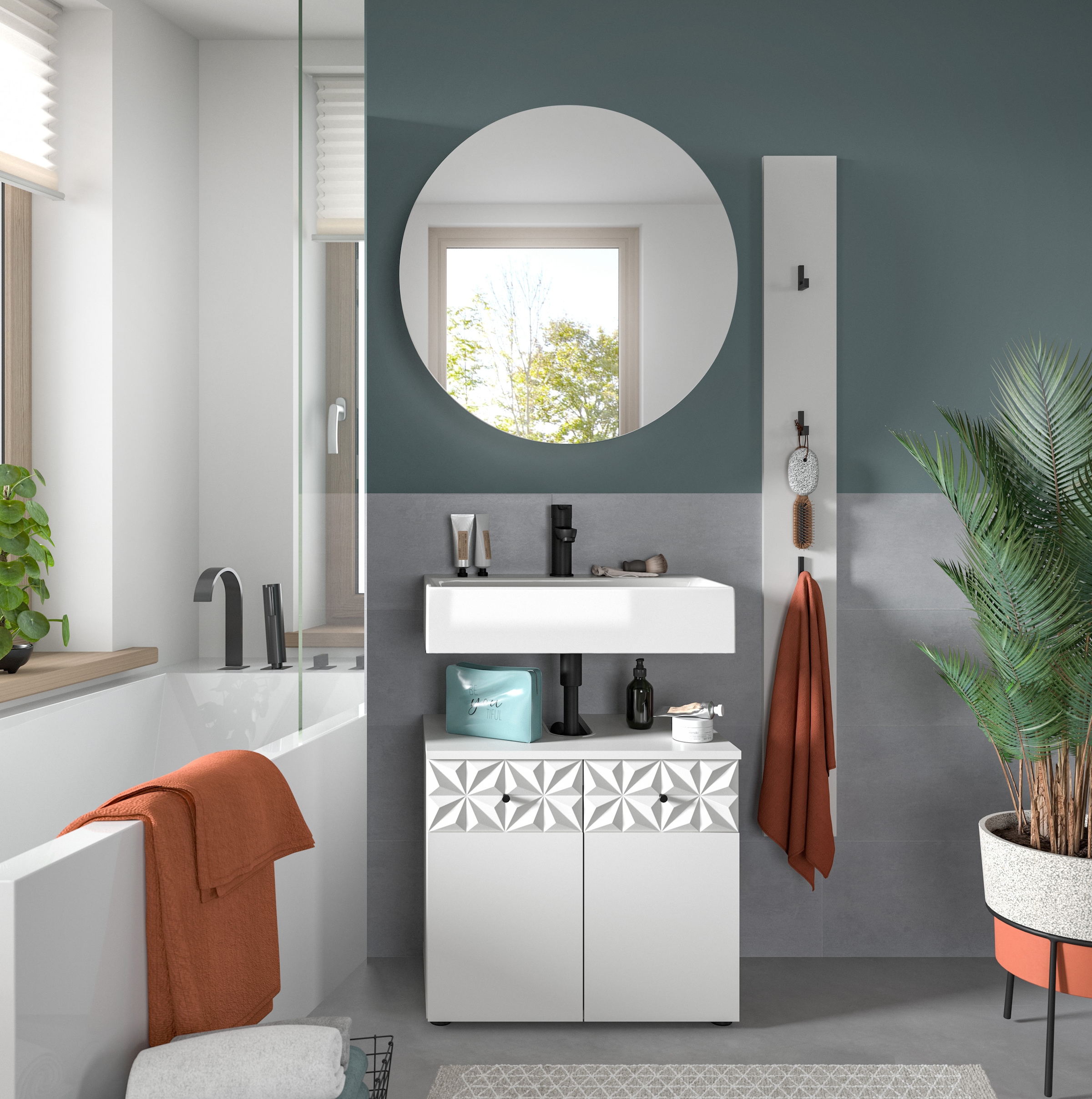 INOSIGN Badezimmer-Set »VICENZA, TOPSELLER!, Breite 91cm, 3-teilig, mit Ornamentabsetzung« best. aus: Waschbeckenunterschrank, Spiegelschrank und Hakenleiste,