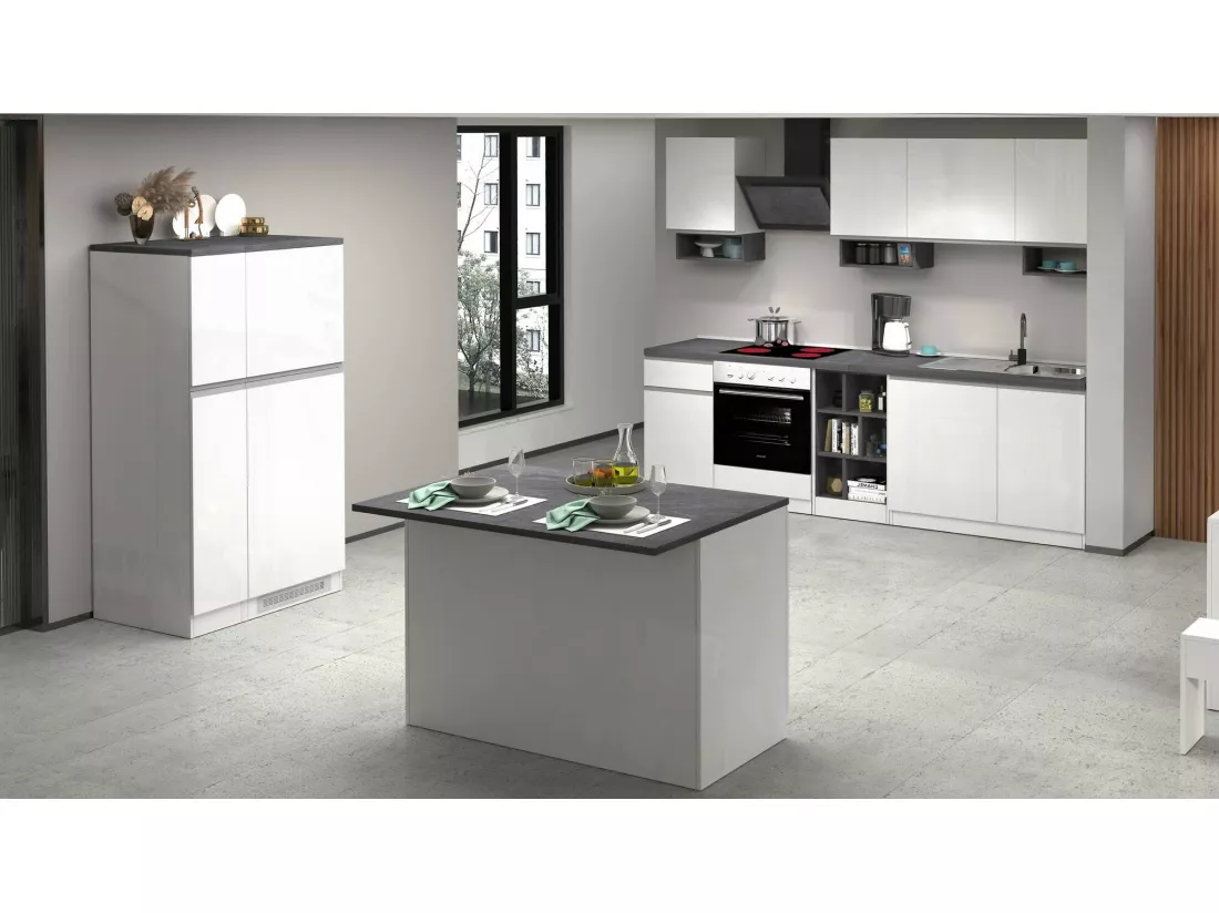 Îlot de cuisine Daffaticat, Armoire polyvalente, Meuble de kitchenette, Table auxiliaire, 100% Made in Italy, 125x90h90 cm, Blanc brillant et ardoise