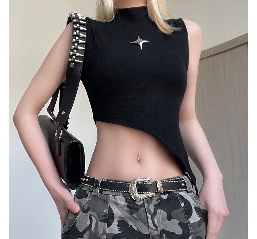 PolkaBella - Tanktop met geplooide hals, asymmetrische zoom en sterdetail
