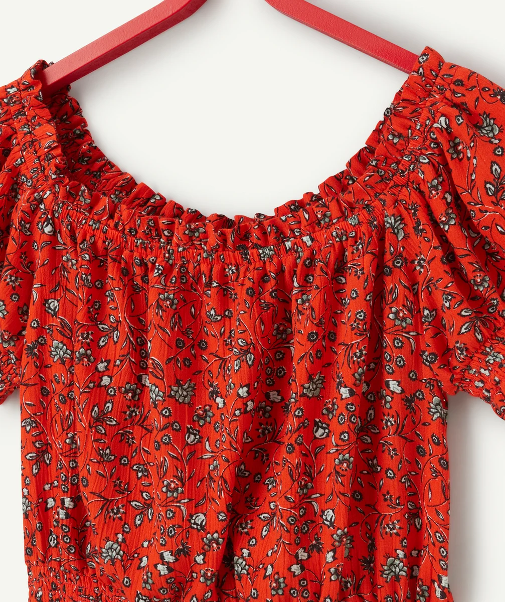 top élastiqués fille en viscose responsable rouge imprimé à fleurs