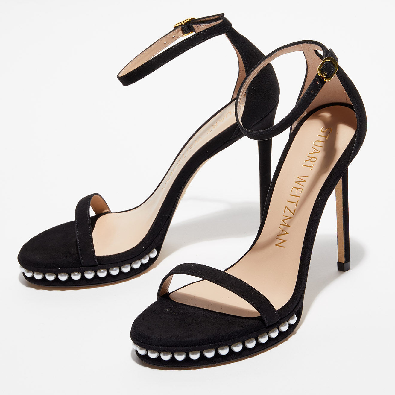 Stuart Weitzman Sandales en Velours de Cuir Nudistdisco Pearl noires - Talon 12 cm