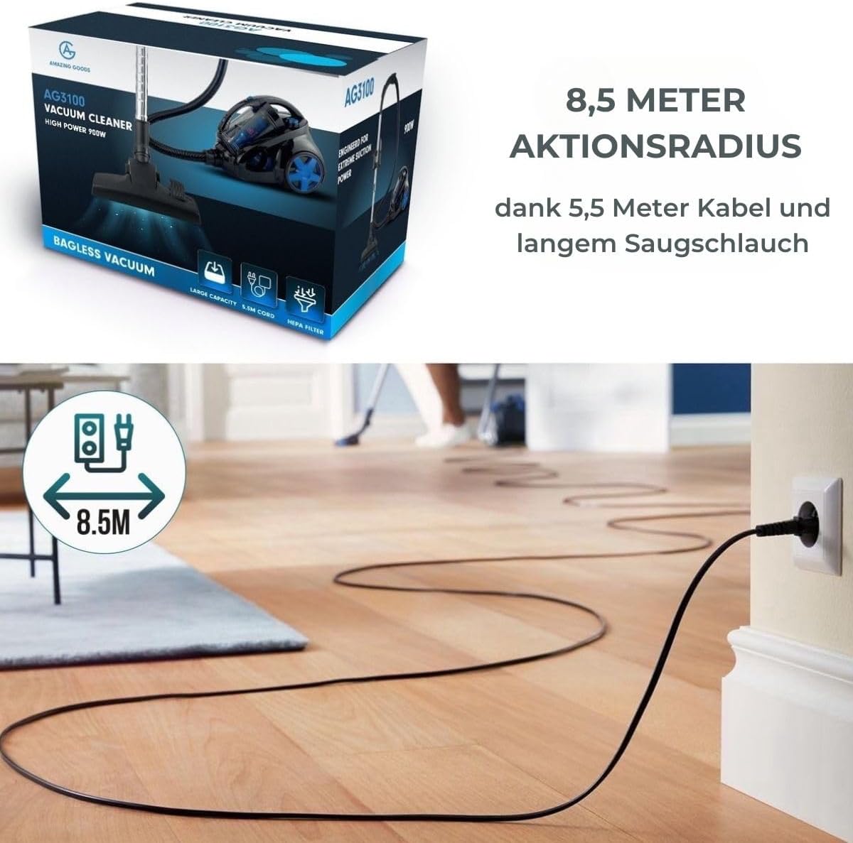 AG AG3100 Bagless Vacuum Cleaner - Vacuum Cleaners - Vacuum Cleaner Bagless - Suitable for Animal Hair -900W - Strong Suction Power - Blue