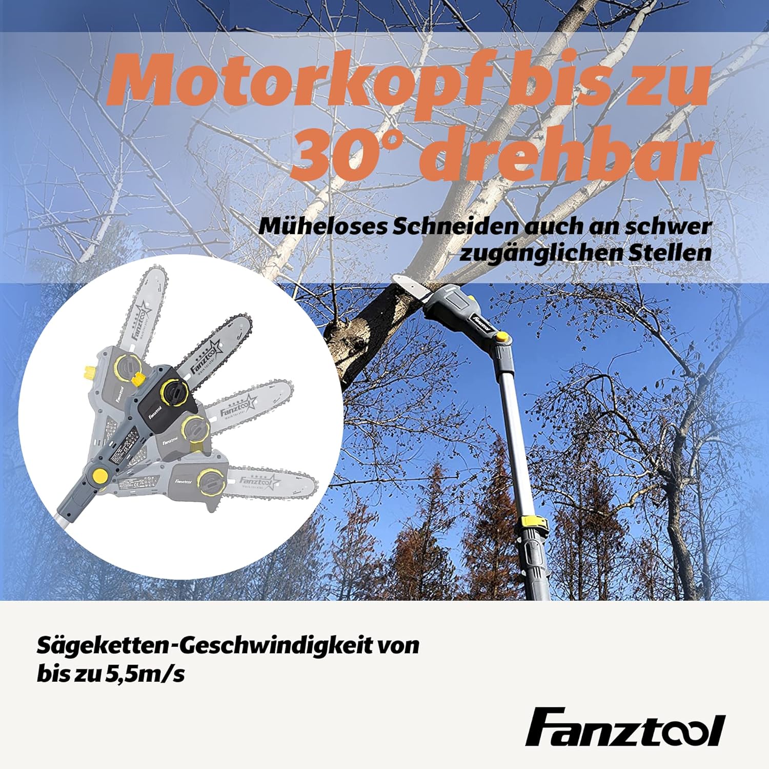 FANZTOOL 20V Li-Ion Akku-Hochentaster mit 2,5Ah Akku/Ladegerät, Höhe bis 5 m, 17 cm Schnittstärke, Schwertlänge 20 cm, leichtes Gewicht 4 kg
