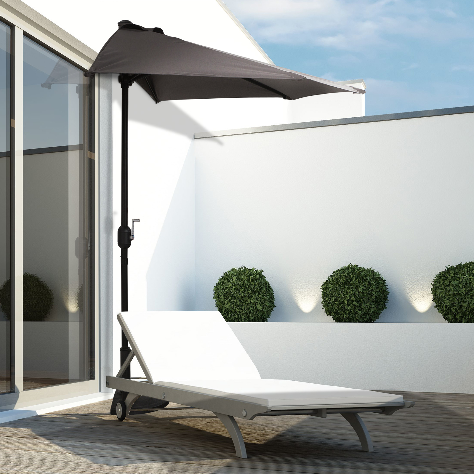 Guarda-sol de jardim Outsunny 269x138x236 cm com manivela e formato semicircular para terraço, pátio e piscina ao ar livre, cor cinza.