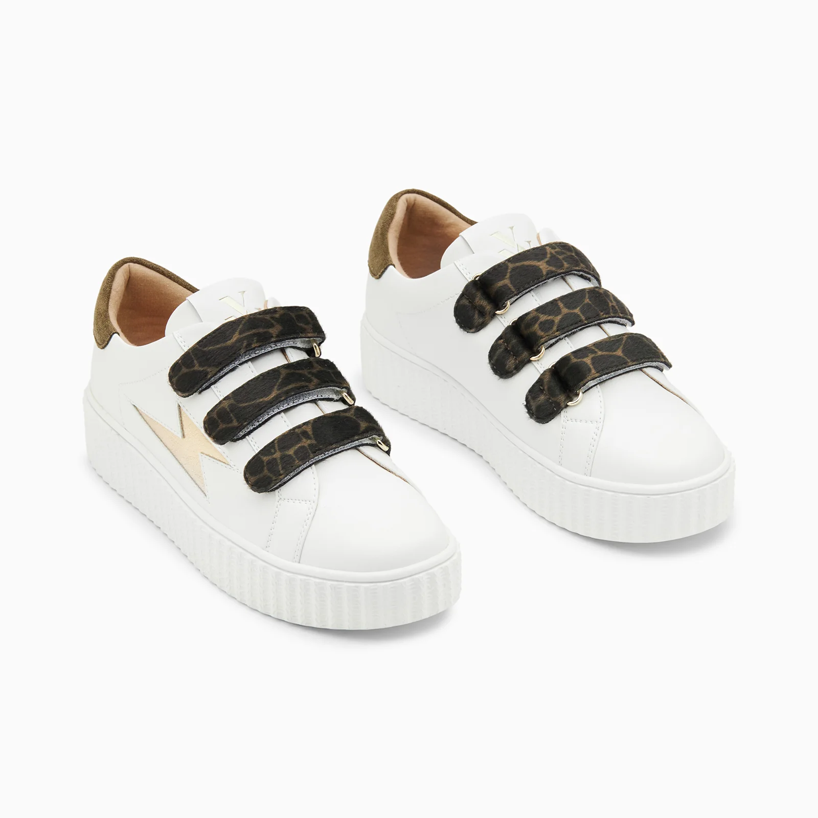 Sneakers-Baskets éclair Thaïs blanc et or à scratchs kaki