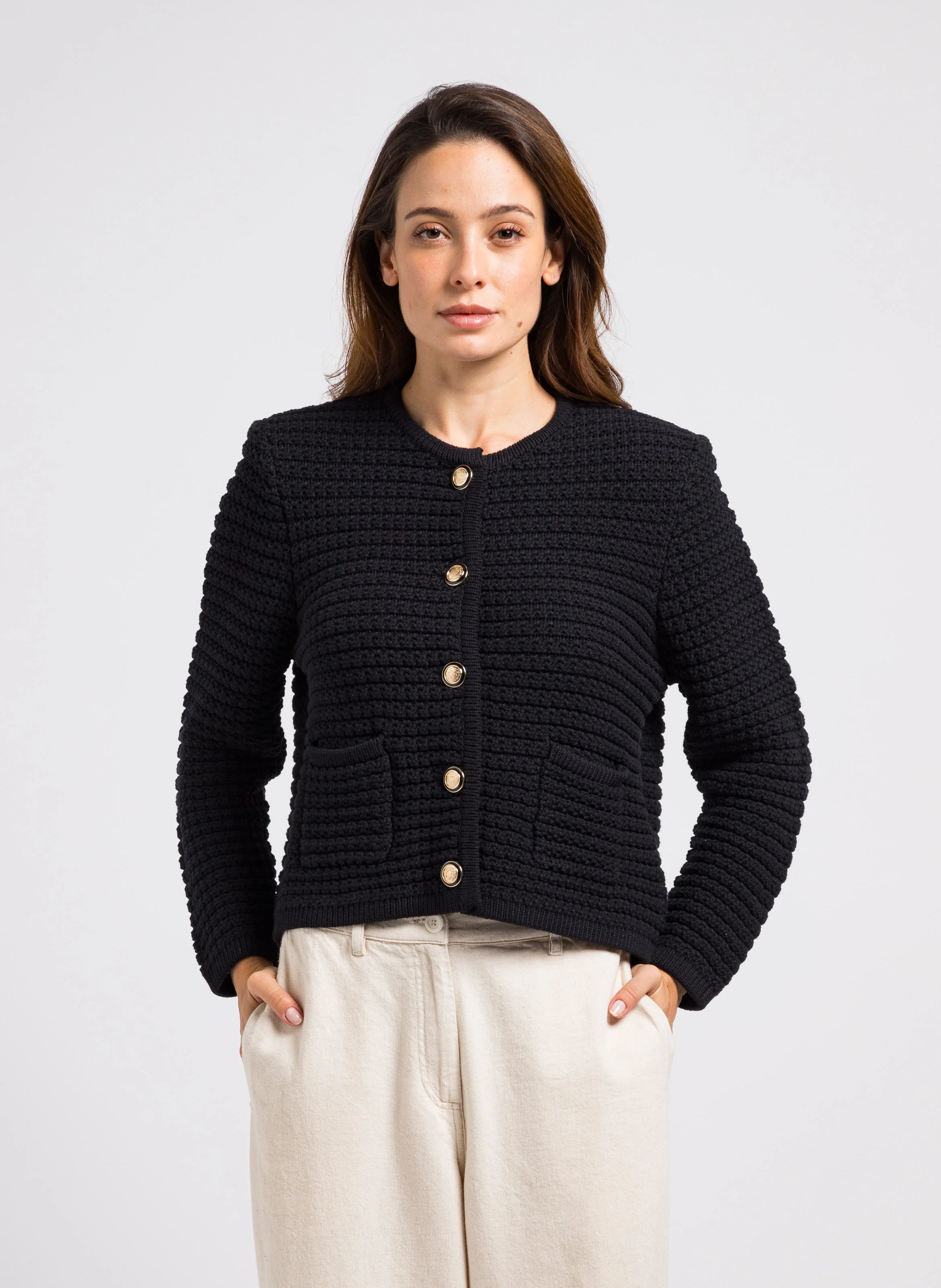 GASPARD - Gilet droit col rond en coton mélangé | Noir