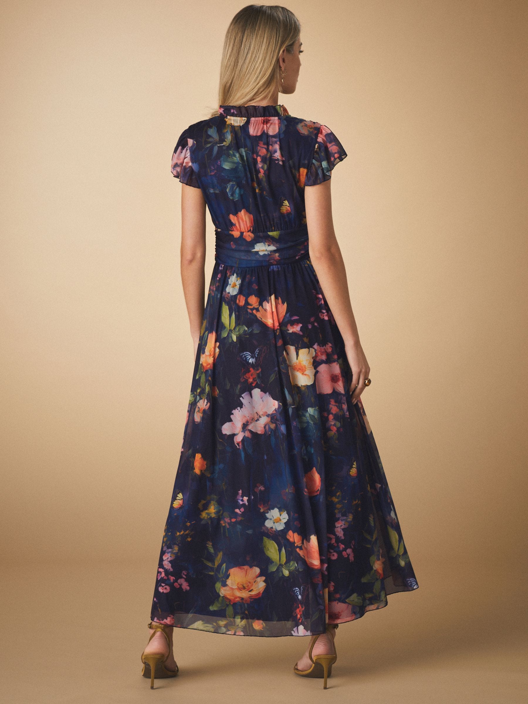 Marineblauw met bloemenprint - Halflange geplooide mesh gelegenheidsmaxi-jurk met print en V-hals