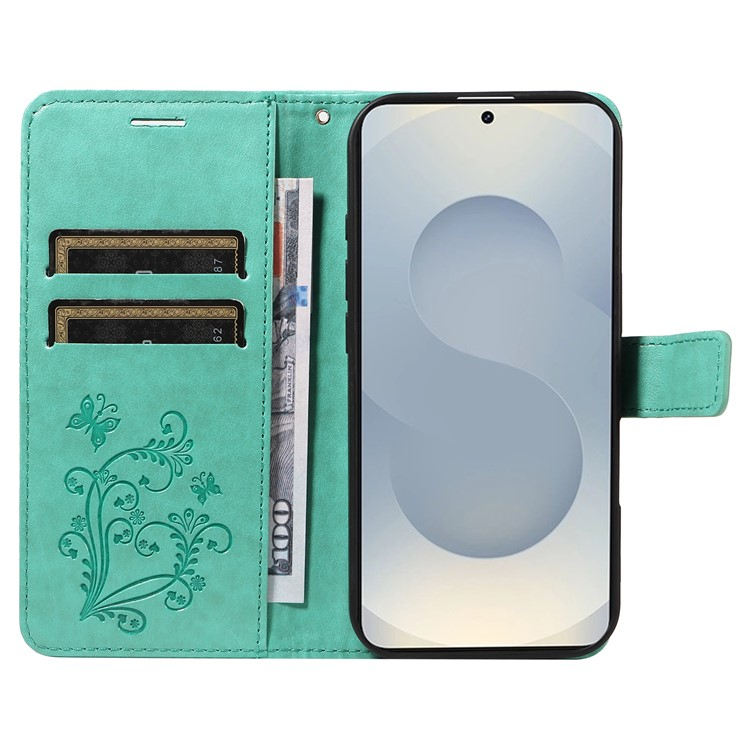 Samsung Galaxy S25 Edge Leder Tasche mit Kartenfach   Handschlaufe Schmetterling - Türkis