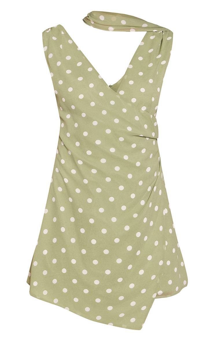 Vert Robe Mini En Mousseline À Pois Avec Détail Foulard