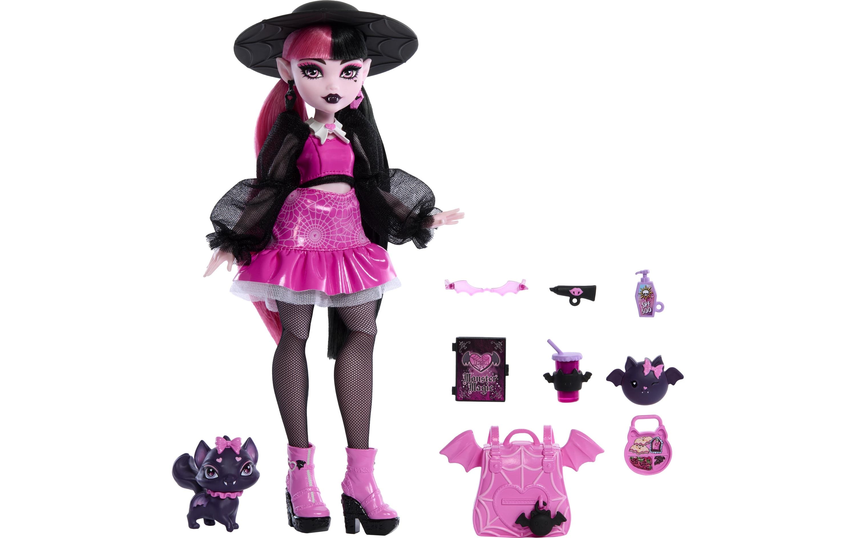 Puppe Monster High DraculauraBezaubernde Vampirin von Kopf bis Fuss in Pink und Schwarz gekleidet