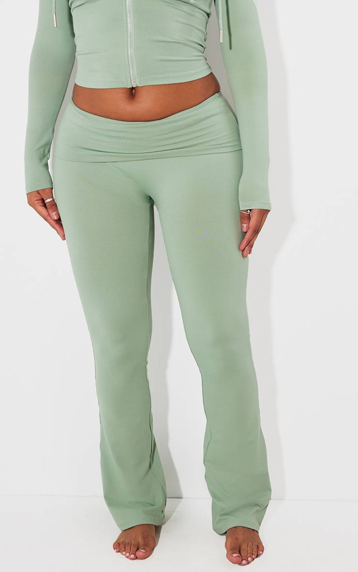 Vert Sauge Pantalon Évasé Taille Haute Sculptant À Rabat Shape Stretch