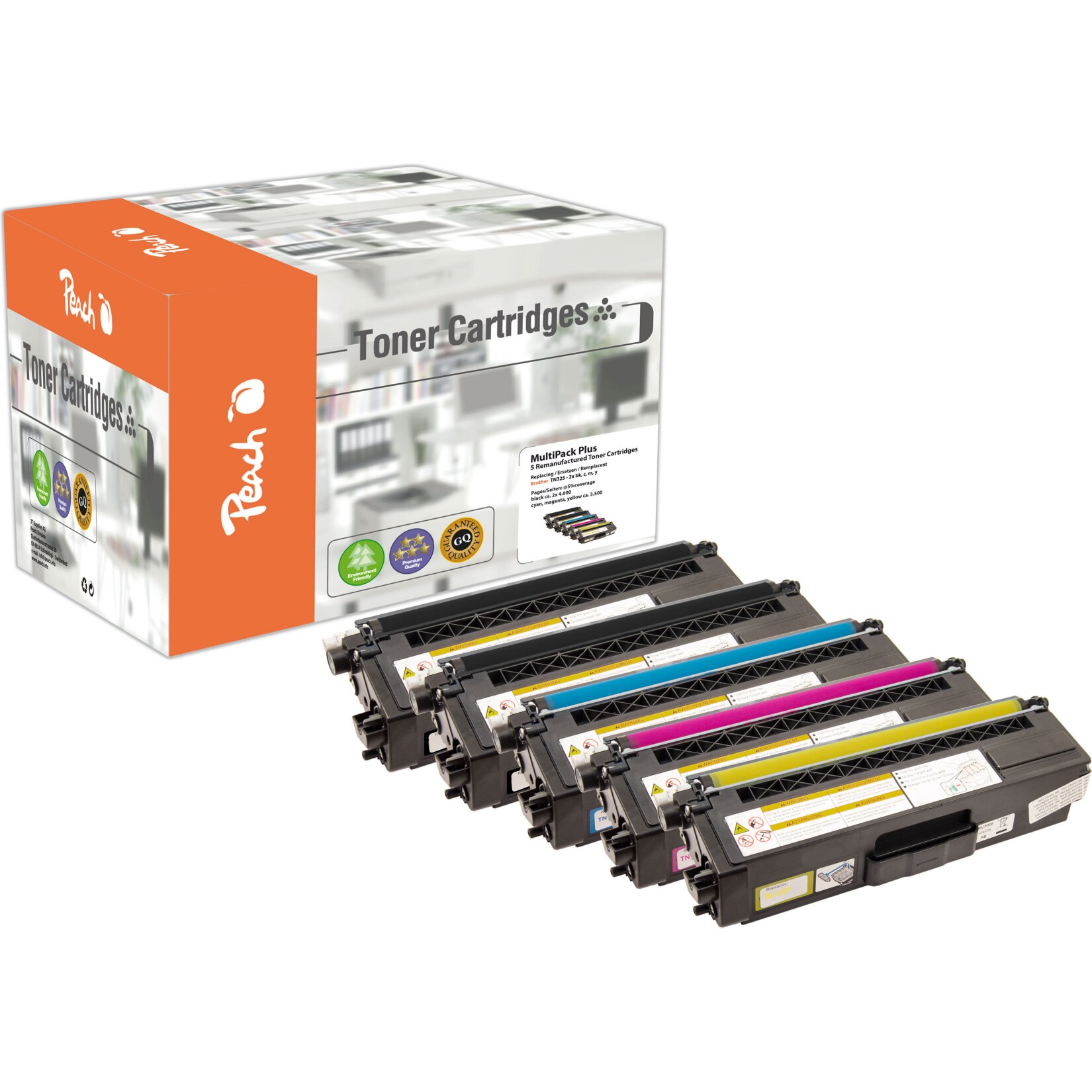 Peach B3255 Toner XL (2*bk, c/m/y) ersetzt Brother TN-325 für z.B. Brother DCP -9055 CDN, Brother DCP -9270 CDN, Brother HL -4100 (wiederaufbereitet)