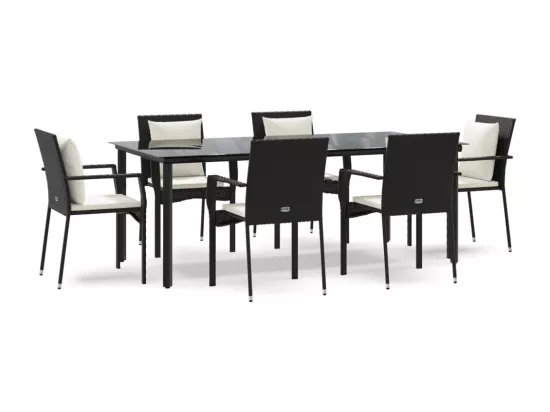 Ensemble à manger de jardin coussins 7pcs Noir Résine tressée