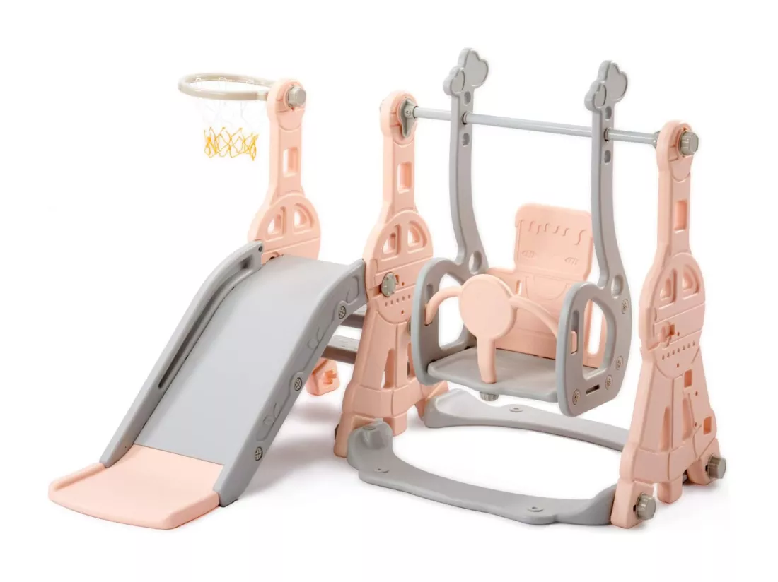 Portique enfant toboggan, echelle et balançoire avec panier de basket-ball - aire de jeux 4 en 1 - usage intérieur extérieur - Rose