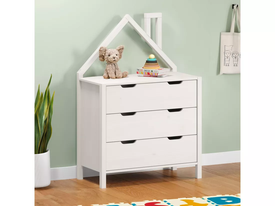 Commode Enfant ELANO en Bois Massif blanc avec 3 Tiroirs de Rangement, 84 x 120 x 41 cm, Meuble Chambre