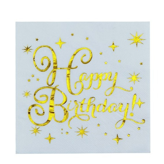 (20er Set) 33x33cm Happy Birthday Einweg Servietten Party Tisch Dekoration - Weiss / Gold