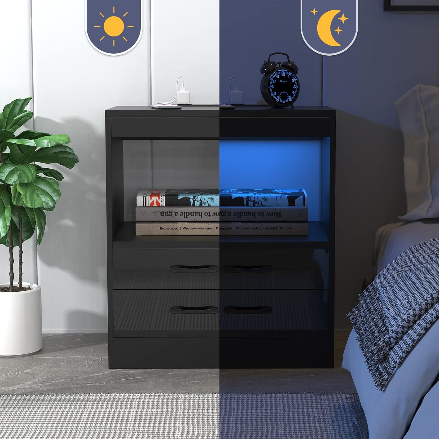 2er Set Nachttisch mit Steckdose & USB, Nachttisch Schwarz Nachtschrank Hochglanz Nachtkommode 2 Schubladen mit Led 16 Farben Beleuchtung Beistelltisch für Schlafzimmer, 40x60x35cm