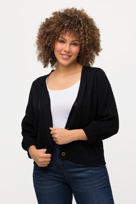 Strickjacke, Zopf-/Ajourmuster, V-Ausschnitt, 3/4-Arm