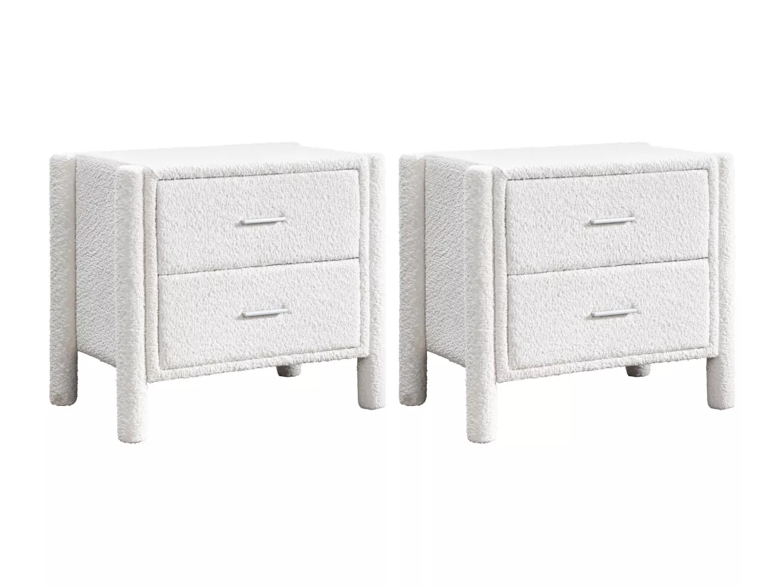 Lot de 2 tables de chevet avec 2 tiroirs - Tissu bouclette - Blanc - CONOMO
