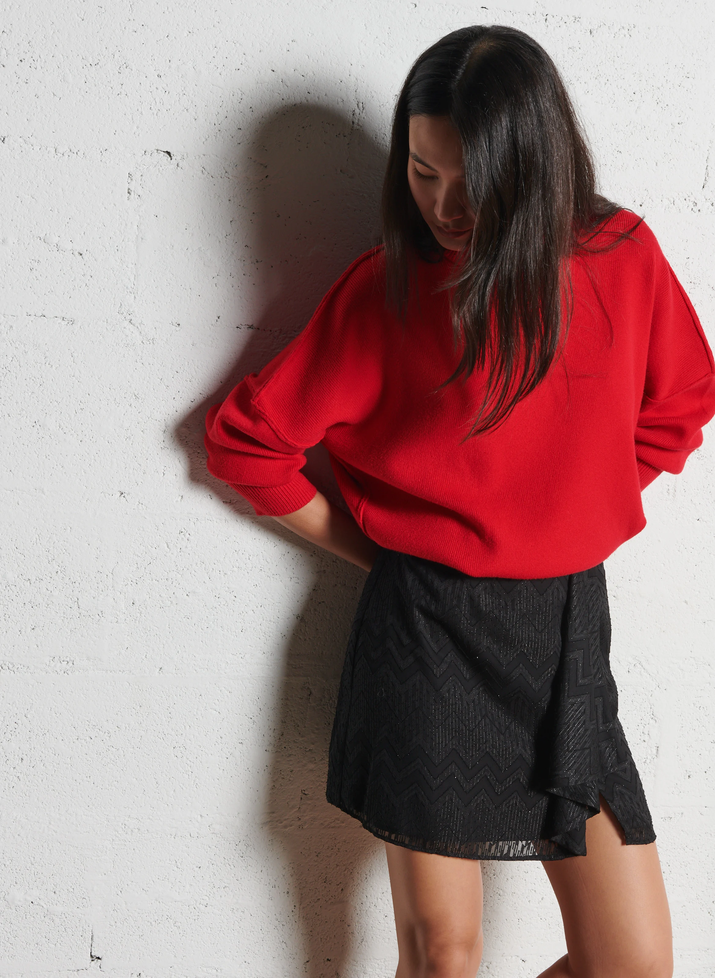 Pull ample col rond en maille mélangée | Rouge