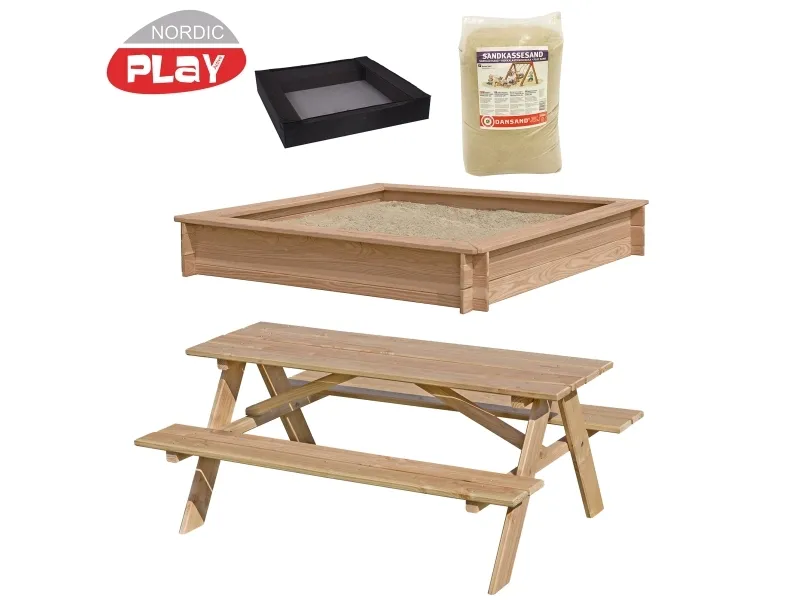 NORDIC PLAY Sampak Sandkasse lærk 150 x 150 cm, net, 200 kg sand og bord/bænksæt (805-750)