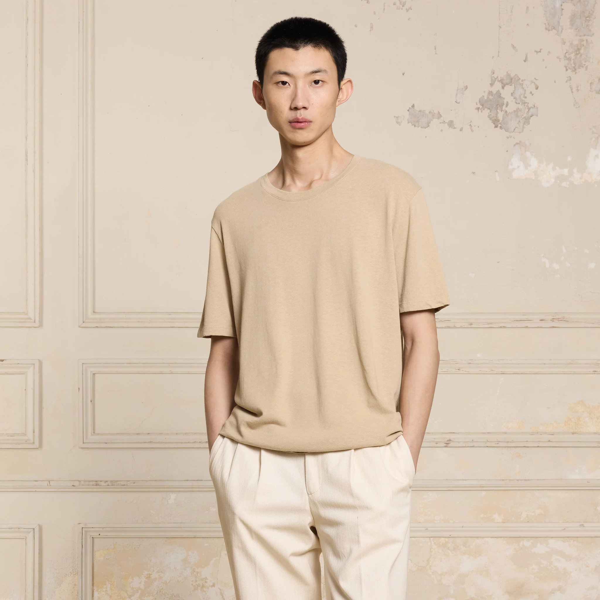 Beige cotton and linen T-shirt