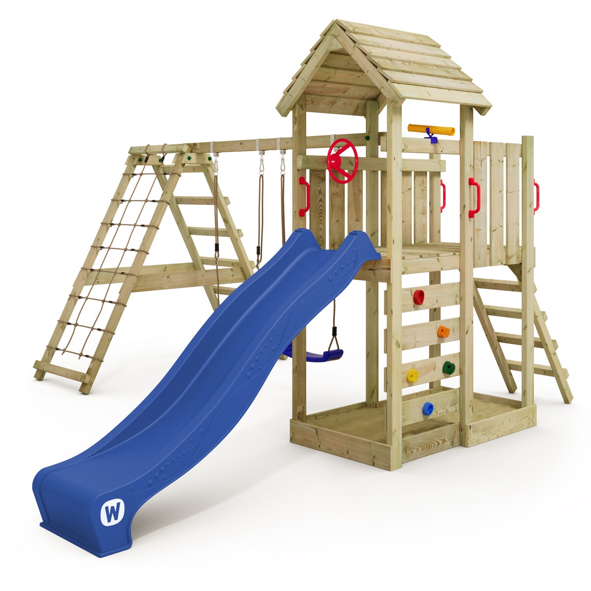 WICKEY RocketFlyer speeltoren klimtoestel met schommel en glijbaan, klimtoren met zandbak, klimuitbreiding en speelaccessoires - blauw