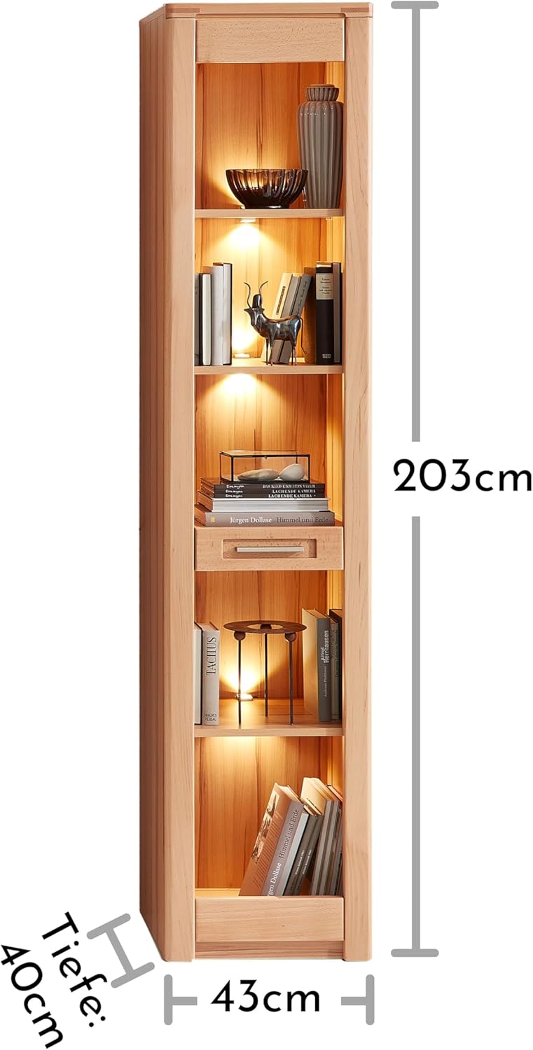 Nature ONE Regal in Kernbuche Teil-massiv FSC-Zertifiziert - Modernes Standregal mit LED-Beleuchtung und viel Stauraum - 43 x 203 x 40 cm (B/H/T)