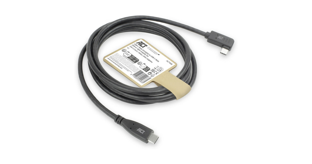 ACT ConnectivityUSB 3.0 10Gbps 60W USB Type-C® (recht) naar USB Type-C® (haaks links/rechts) kabel, 3 meter  (Zwart)
