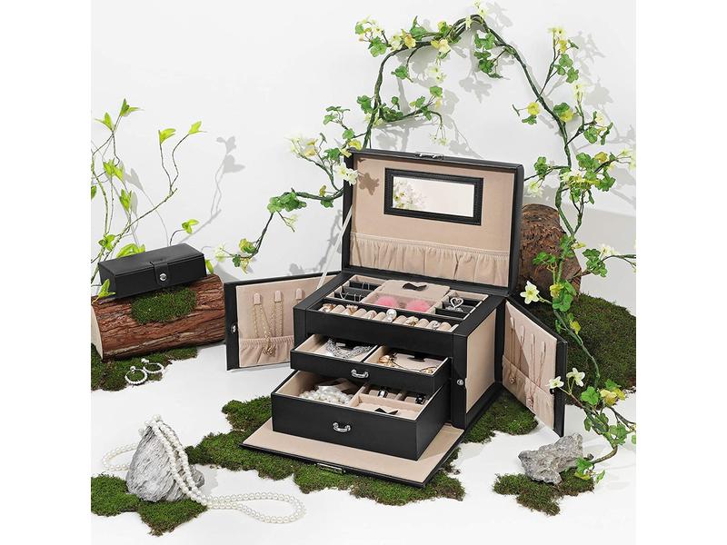 Songmics Schmuckschatulle mit 3 Ebenen, Schwarz, Kunstleder Schmuckbox abschliessbar