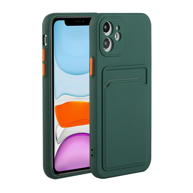 iPhone 12 Gummi Case Hülle mit Kartenfach - Dunkelgrün / Orange