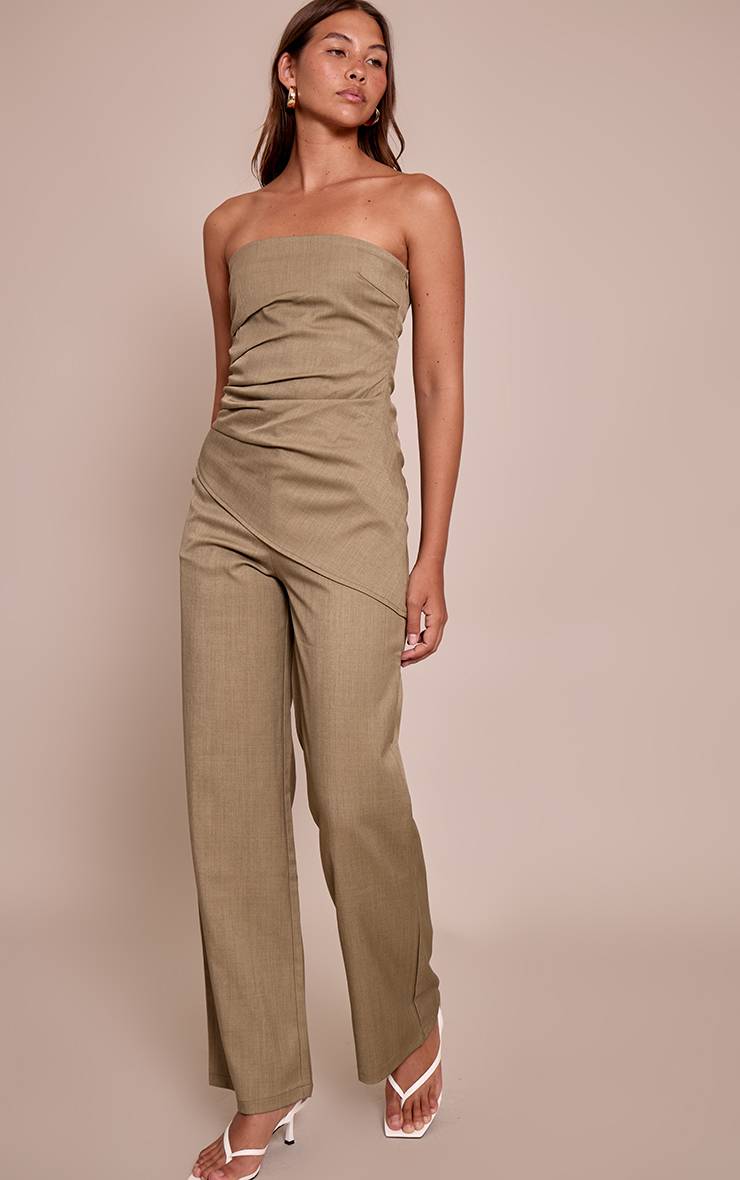Sage Khaki Pantalon Large Tissé Ajusté À Fines Rayures