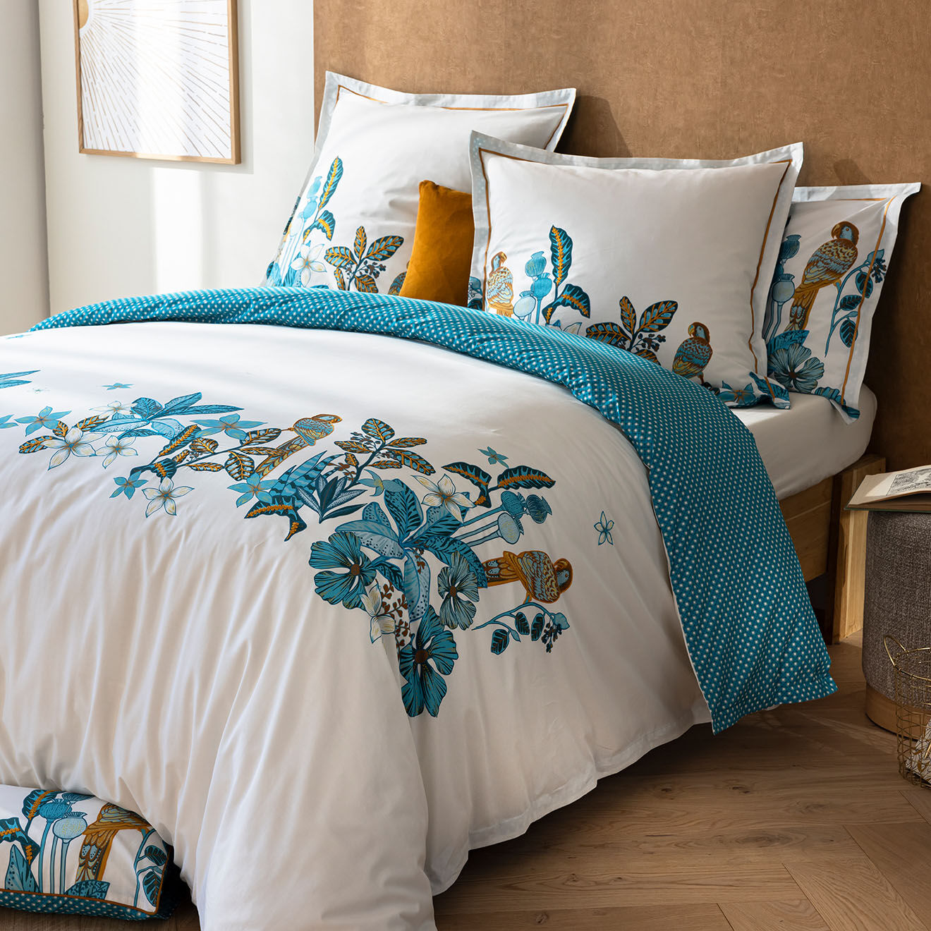Perle de Coton Parure housse de couette en Percale de Coton Kinston blanc/turquoise