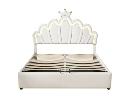Lit coffre rembourré en similicuir 140x200cm - lit princesse avec LED et moulures en couronne - Blanc