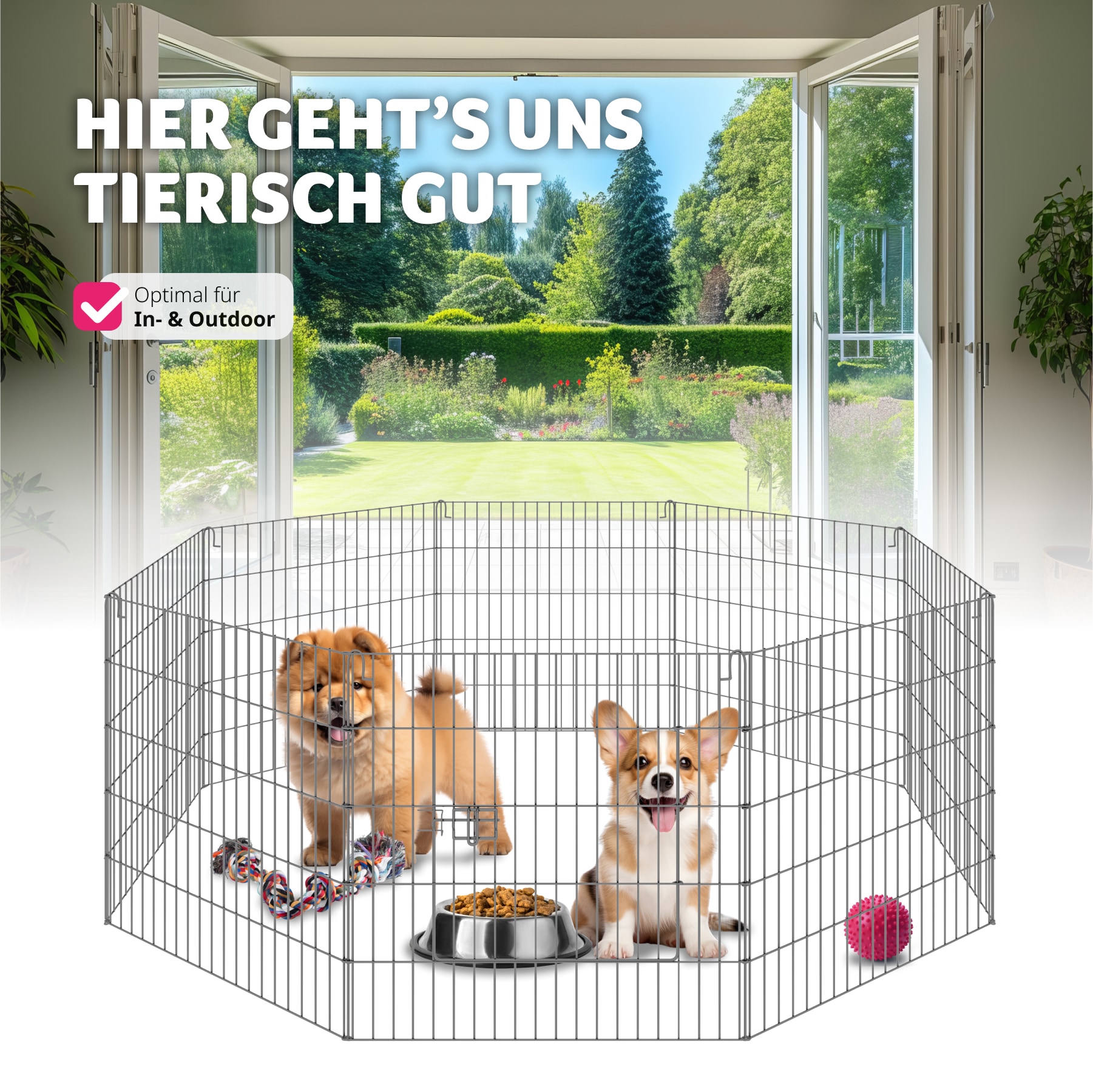 tectake® Freilaufgehege, aus 8 Gitterelementen, große Tür mit Verriegelung, 145 x 73 cm