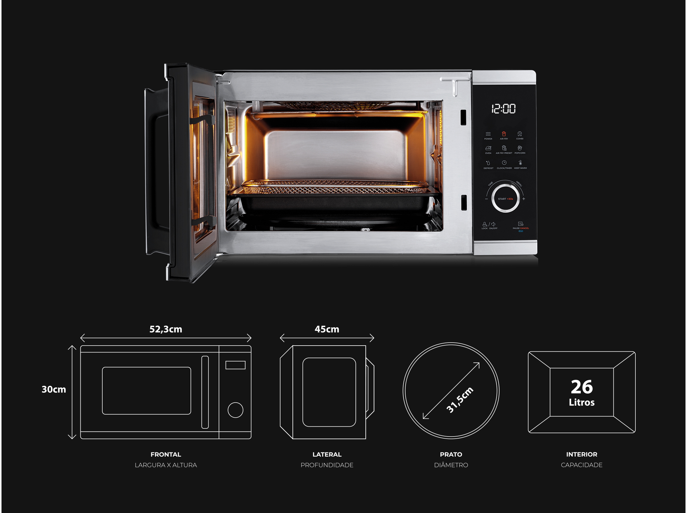 MICRO-ONDAS AIR FRYER & FORNO FLAMA 1892FL DIGITAL 26L